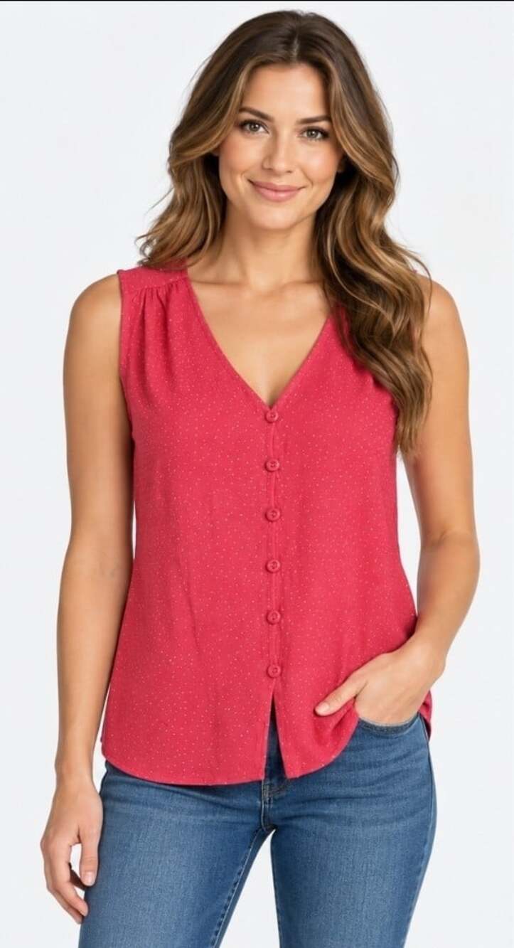 NWT Notations Bright Pink Silver Beads Sleeveless Button Down New Small T100